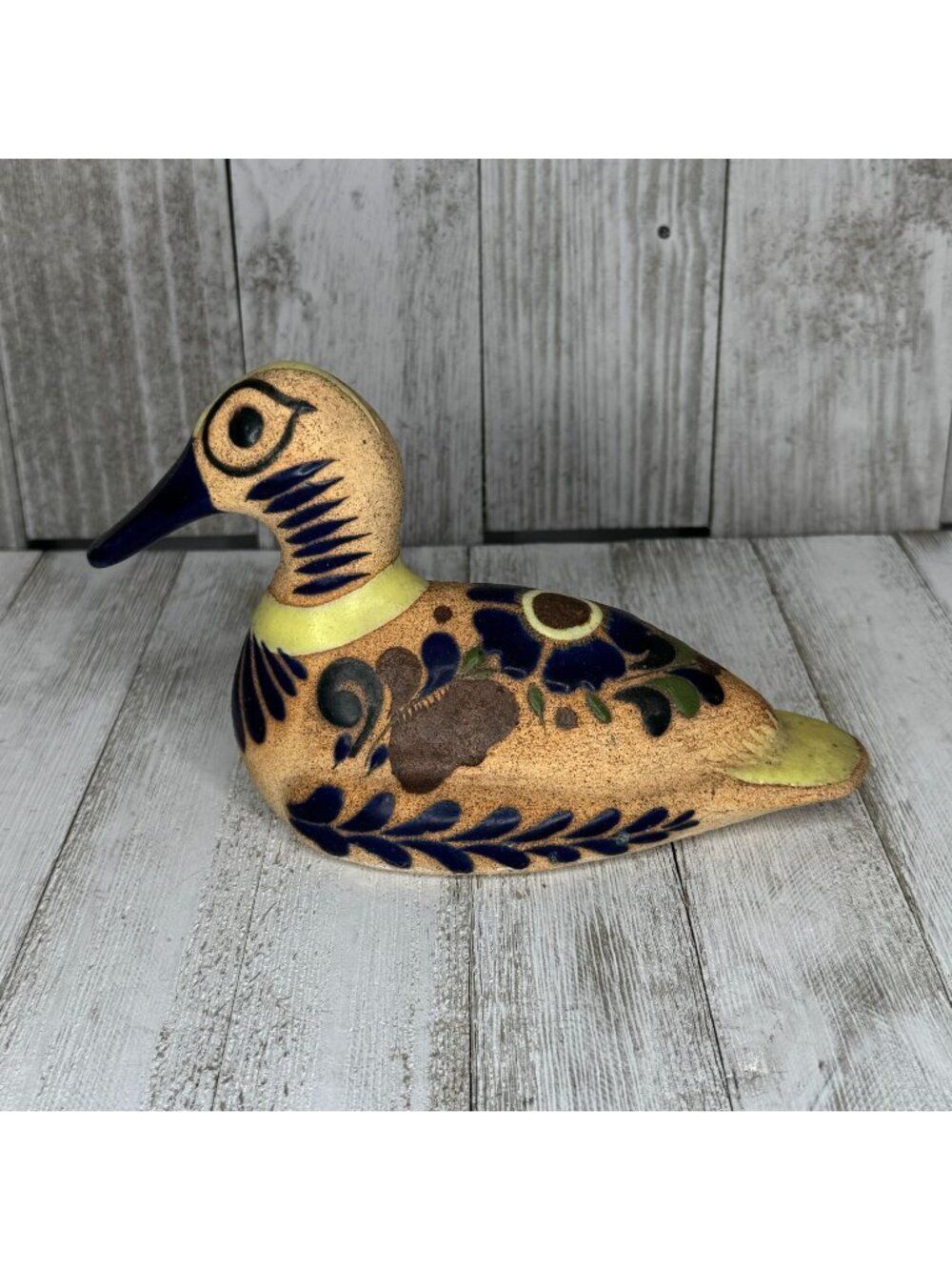 Vintage Tonala Handpainted Mexican Folk Art Pottery Duck Figurine